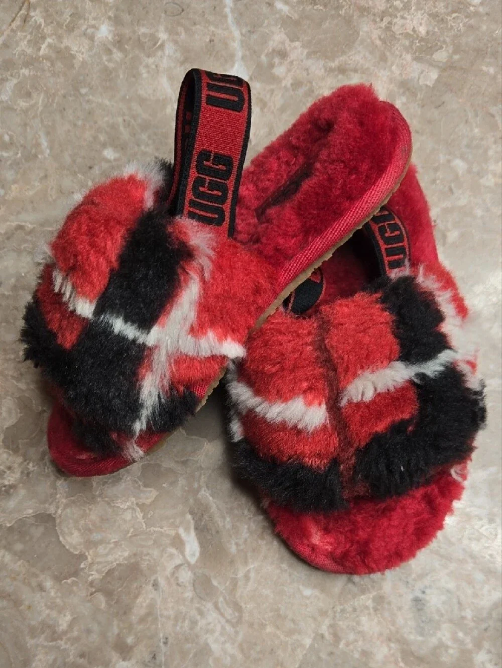 UGG Kids Red, Black & White Fuzzy Slide Sandals